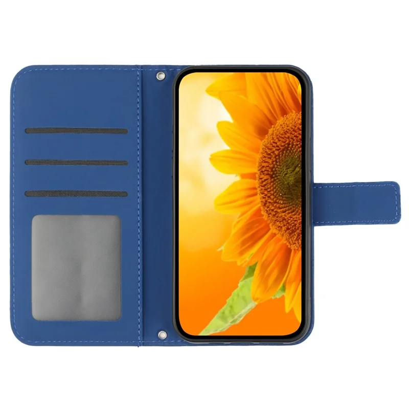 HT04 For Xiaomi Redmi 12 5G (Global) / Poco M6 Pro 5G Sunflower Imprint Smartphone Cover Leather Wallet Stand Case with Hand Strap - Sapphire