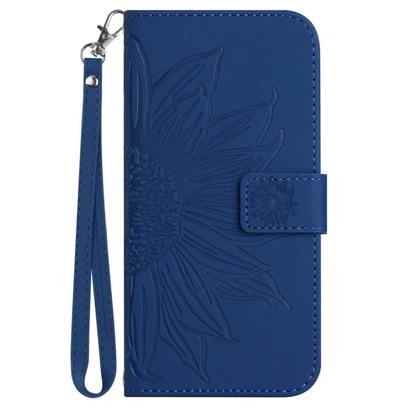 HT04 For Xiaomi Redmi 12 5G (Global) / Poco M6 Pro 5G Sunflower Imprint Smartphone Cover Leather Wallet Stand Case with Hand Strap - Sapphire