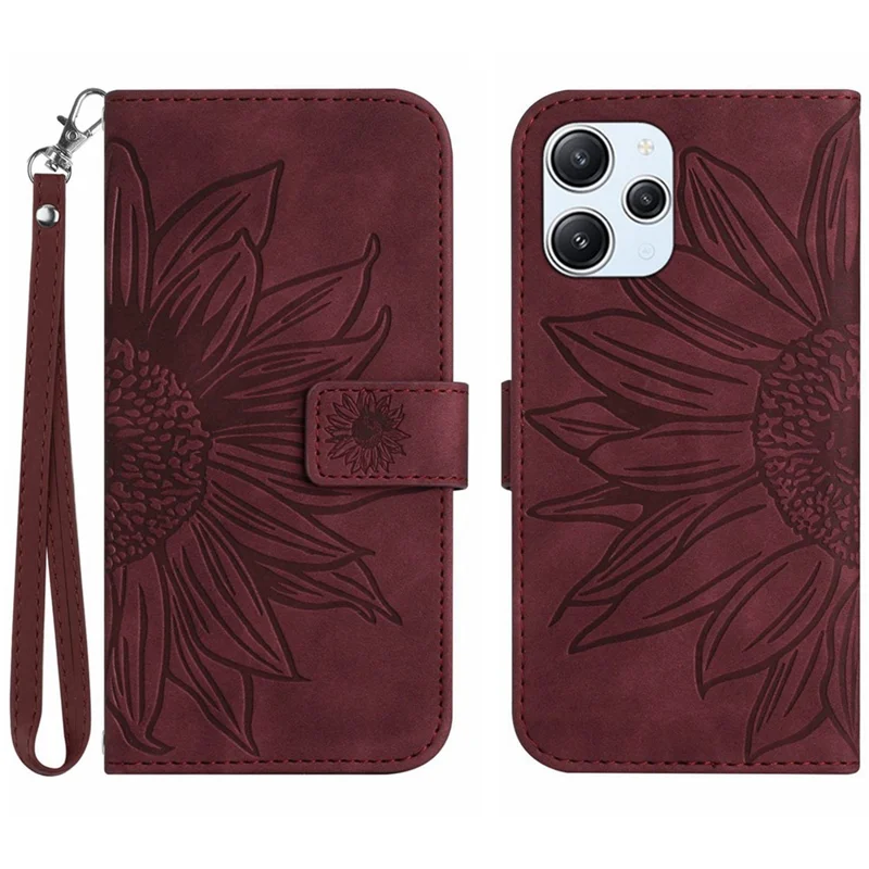 HT04 For Xiaomi Redmi 12 5G (Global) / Poco M6 Pro 5G Sunflower Imprint Smartphone Cover Leather Wallet Stand Case with Hand Strap - Wine Red