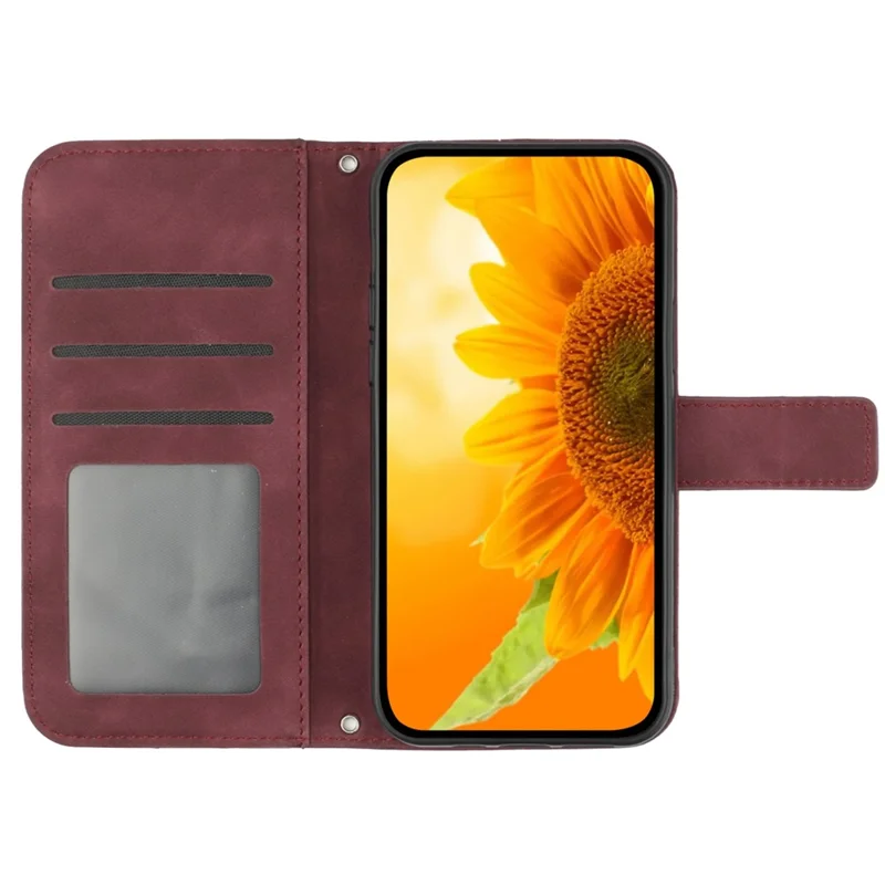 HT04 For Xiaomi Redmi 12 5G (Global) / Poco M6 Pro 5G Sunflower Imprint Smartphone Cover Leather Wallet Stand Case with Hand Strap - Wine Red