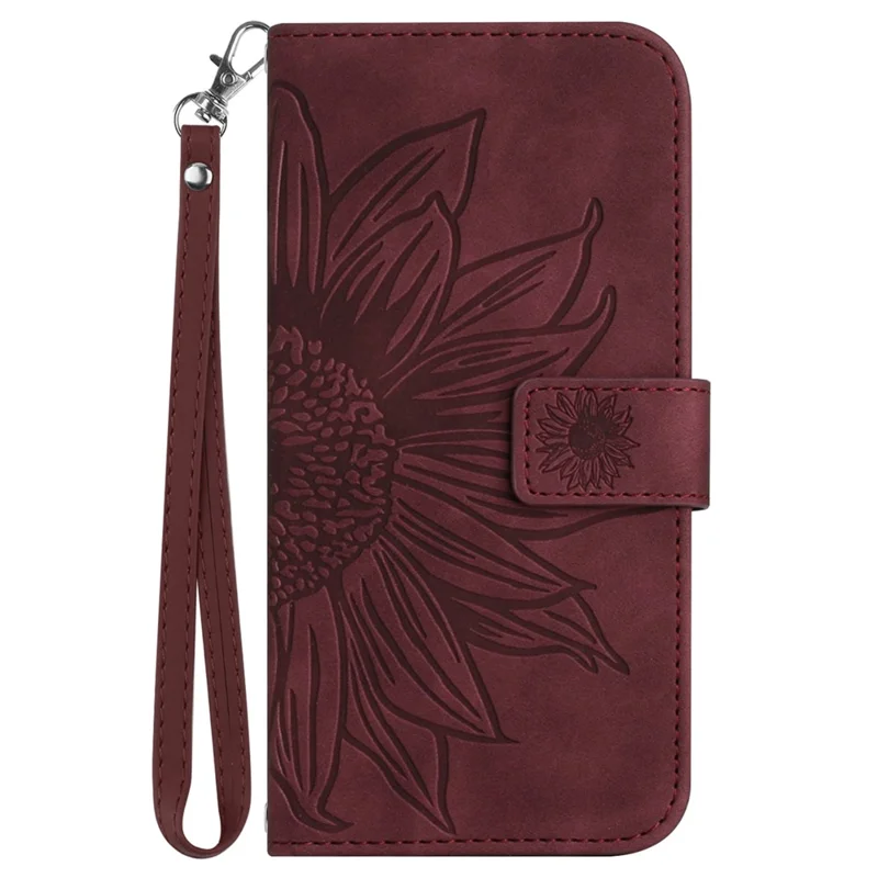 HT04 For Xiaomi Redmi 12 5G (Global) / Poco M6 Pro 5G Sunflower Imprint Smartphone Cover Leather Wallet Stand Case with Hand Strap - Wine Red