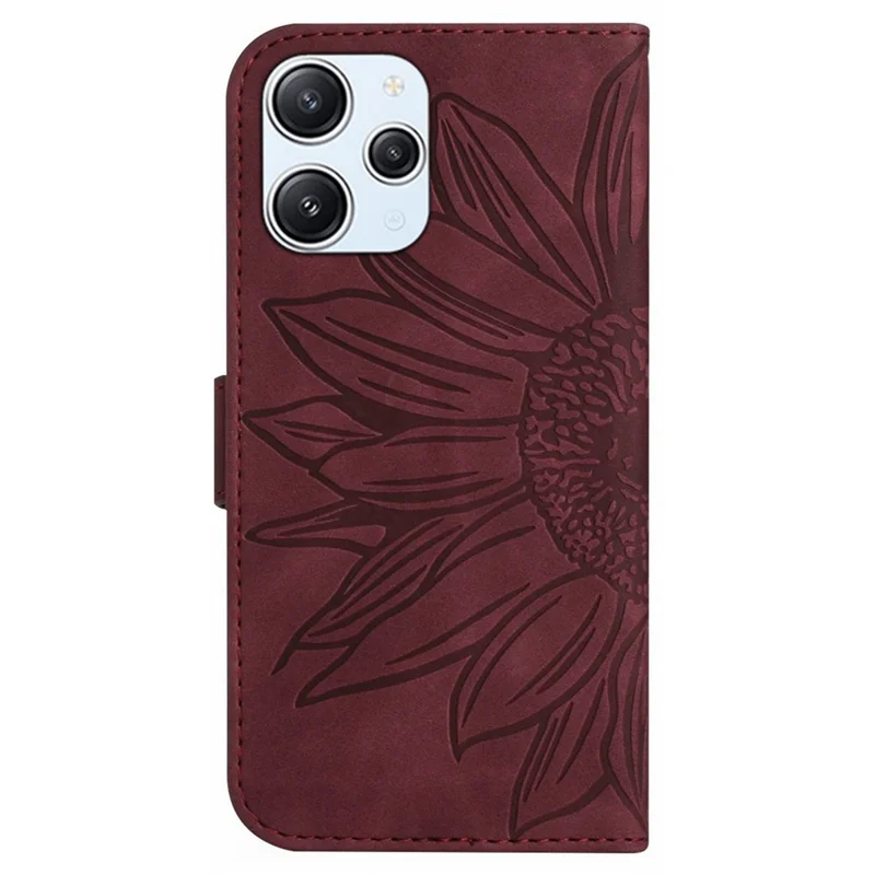 HT04 For Xiaomi Redmi 12 5G (Global) / Poco M6 Pro 5G Sunflower Imprint Smartphone Cover Leather Wallet Stand Case with Hand Strap - Wine Red