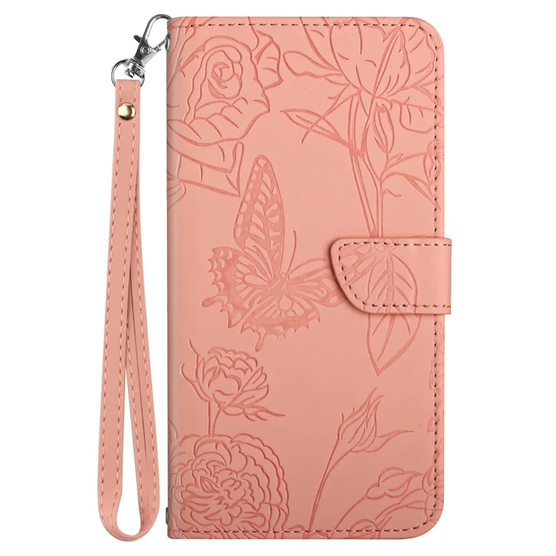 HT03 PU Leather Imprint Flip Cover for Xiaomi Redmi 12 5G (Global) / Poco M6 Pro 5G Wallet Stand Phone Case with Wrist Strap - Pink