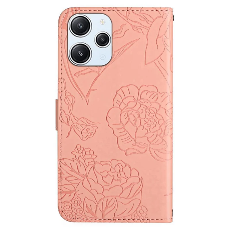 HT03 PU Leather Imprint Flip Cover for Xiaomi Redmi 12 5G (Global) / Poco M6 Pro 5G Wallet Stand Phone Case with Wrist Strap - Pink