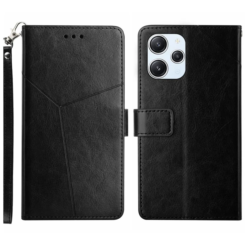 HT01 For Xiaomi Redmi 12 5G (Global) / Poco M6 Pro 5G Y-shaped Line Imprinted Phone Stand Case PU Leather Wallet Cover - Black
