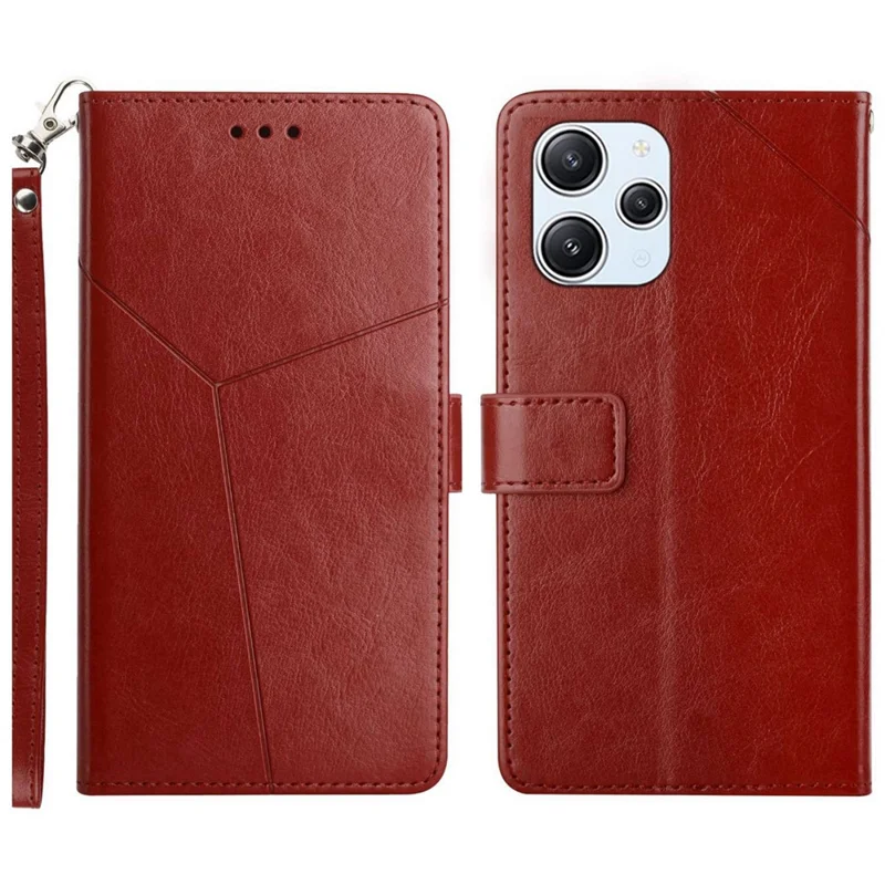 HT01 For Xiaomi Redmi 12 5G (Global) / Poco M6 Pro 5G Y-shaped Line Imprinted Phone Stand Case PU Leather Wallet Cover - Brown