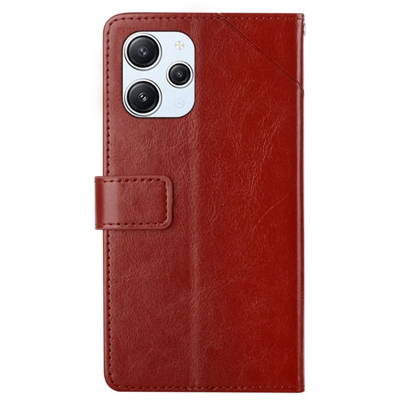 HT01 For Xiaomi Redmi 12 5G (Global) / Poco M6 Pro 5G Y-shaped Line Imprinted Phone Stand Case PU Leather Wallet Cover - Brown