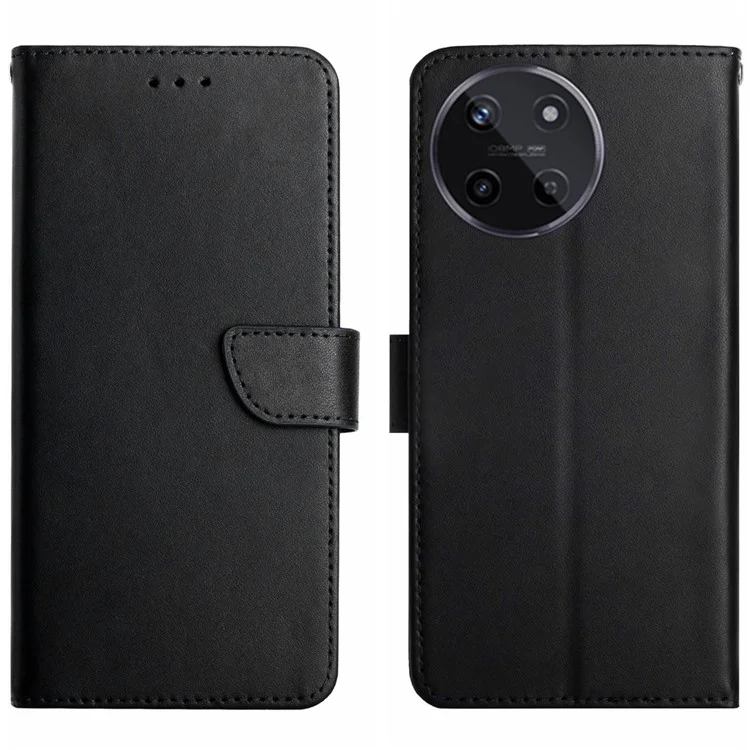 HT02 For Realme 11 4G Phone Cover Wallet Anti-Scratch Genuine Cow Leather Phone Stand Cover - Black
