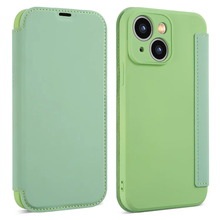 Skin-touch Phone Cover for iPhone 15 Plus , Card Holder Kickstand Liquid Silicone Protective Case - Matcha Green