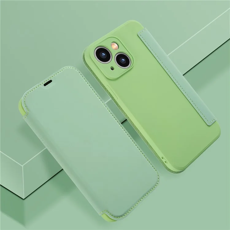 Skin-touch Phone Cover for iPhone 15 Plus , Card Holder Kickstand Liquid Silicone Protective Case - Matcha Green