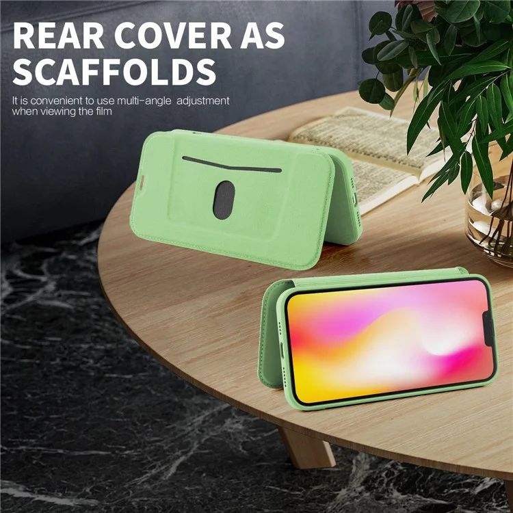 Skin-touch Phone Cover for iPhone 15 Plus , Card Holder Kickstand Liquid Silicone Protective Case - Matcha Green