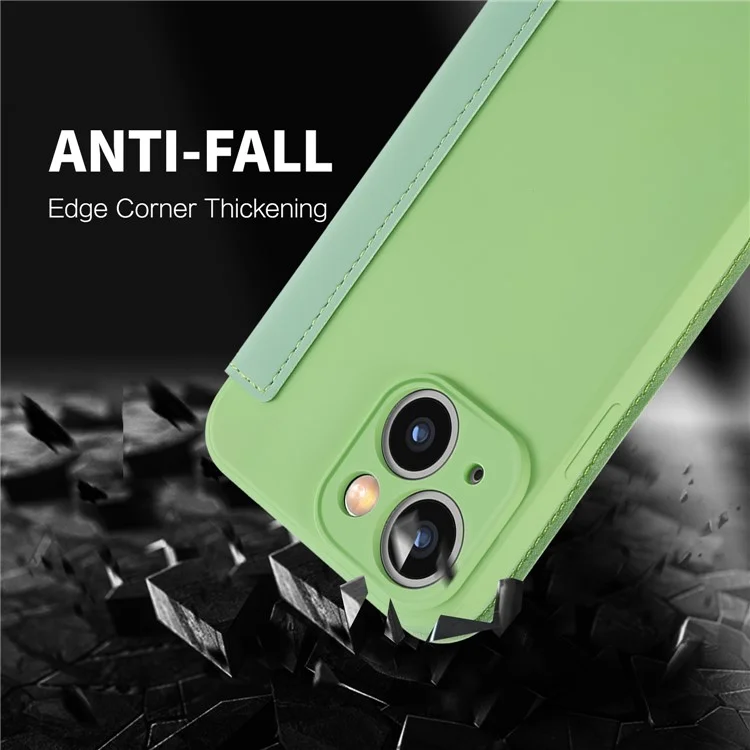 Skin-touch Phone Cover for iPhone 15 Plus , Card Holder Kickstand Liquid Silicone Protective Case - Matcha Green