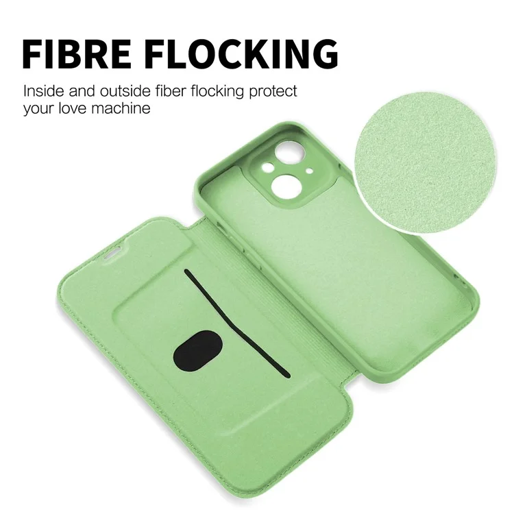 Skin-touch Phone Cover for iPhone 15 Plus , Card Holder Kickstand Liquid Silicone Protective Case - Matcha Green