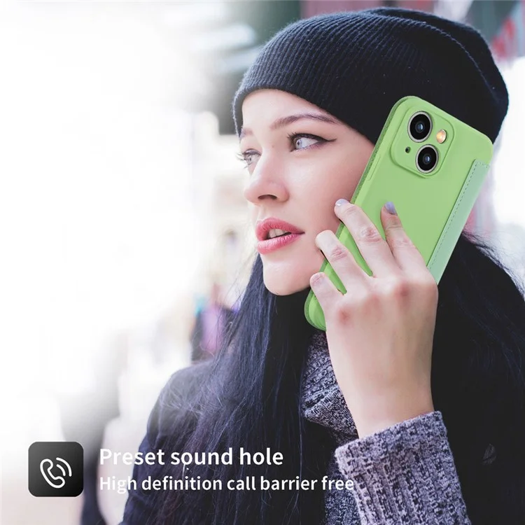 Skin-touch Phone Cover for iPhone 15 Plus , Card Holder Kickstand Liquid Silicone Protective Case - Matcha Green
