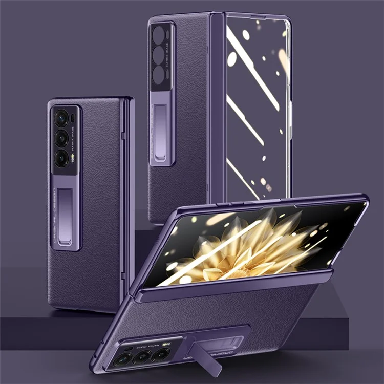 For Honor Magic V2 5G PU Leather Coated PC Phone Case Electroplating Hinge Protection Kickstand Cover with Clear Tempered Glass Film - Purple