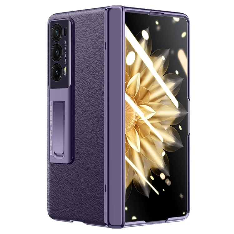 For Honor Magic V2 5G PU Leather Coated PC Phone Case Electroplating Hinge Protection Kickstand Cover with Clear Tempered Glass Film - Purple