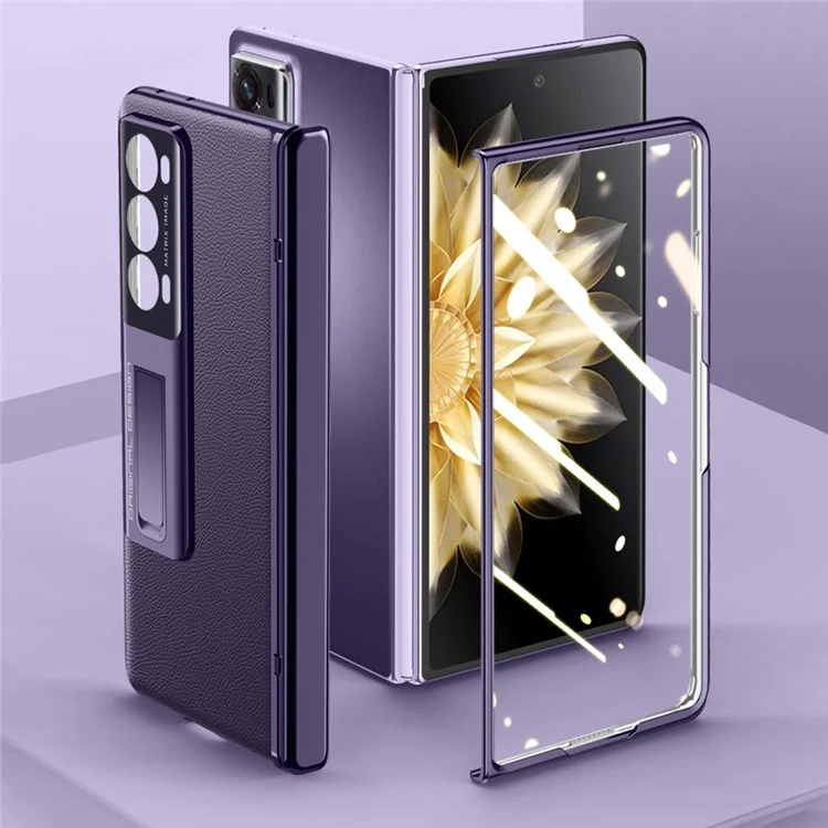 For Honor Magic V2 5G PU Leather Coated PC Phone Case Electroplating Hinge Protection Kickstand Cover with Clear Tempered Glass Film - Purple