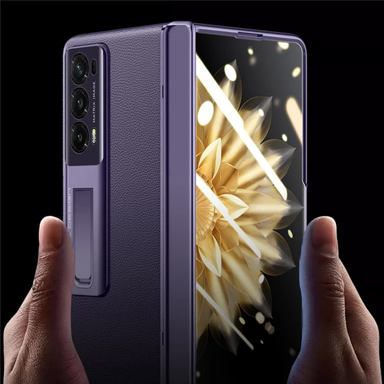 For Honor Magic V2 5G PU Leather Coated PC Phone Case Electroplating Hinge Protection Kickstand Cover with Clear Tempered Glass Film - Purple