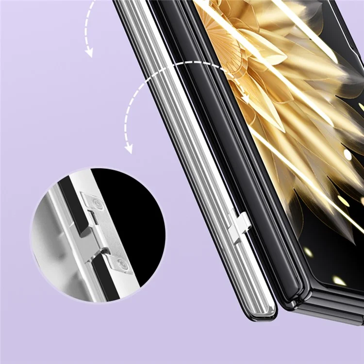 For Honor Magic V2 5G PU Leather Coated PC Phone Case Electroplating Hinge Protection Kickstand Cover with Clear Tempered Glass Film - Purple