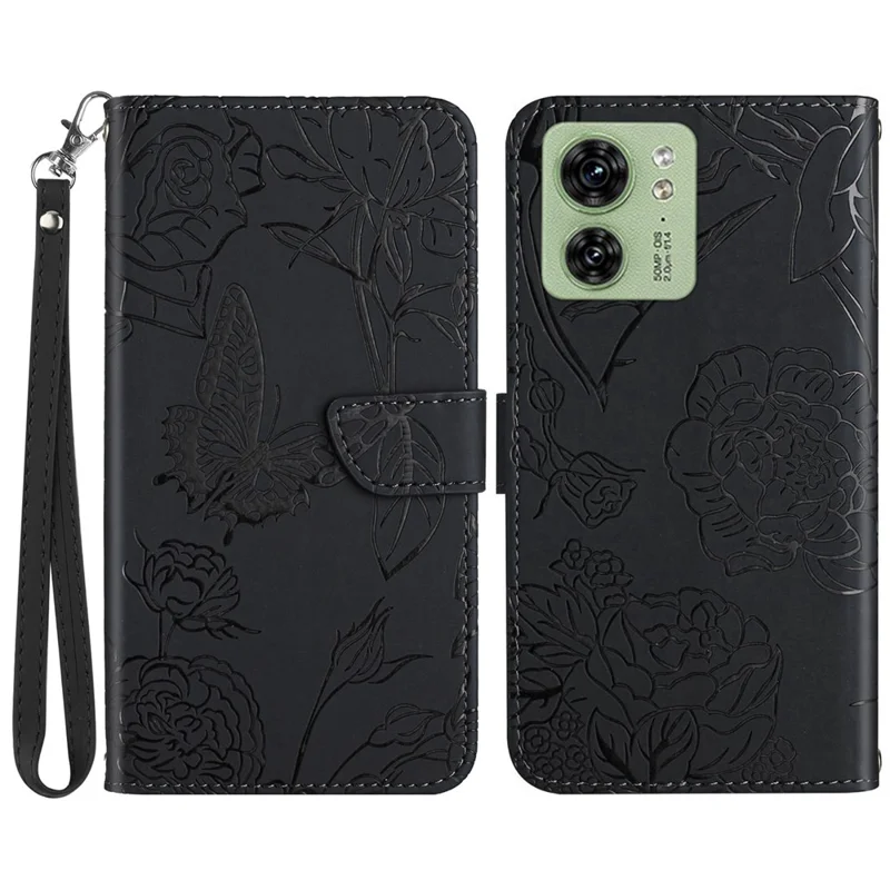 HT03 For Motorola Edge 40 5G Wallet Stand Leather Phone Case Imprint Flower Cover with Wrist Strap - Black
