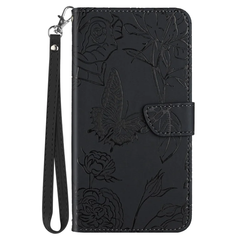 HT03 For Motorola Edge 40 5G Wallet Stand Leather Phone Case Imprint Flower Cover with Wrist Strap - Black