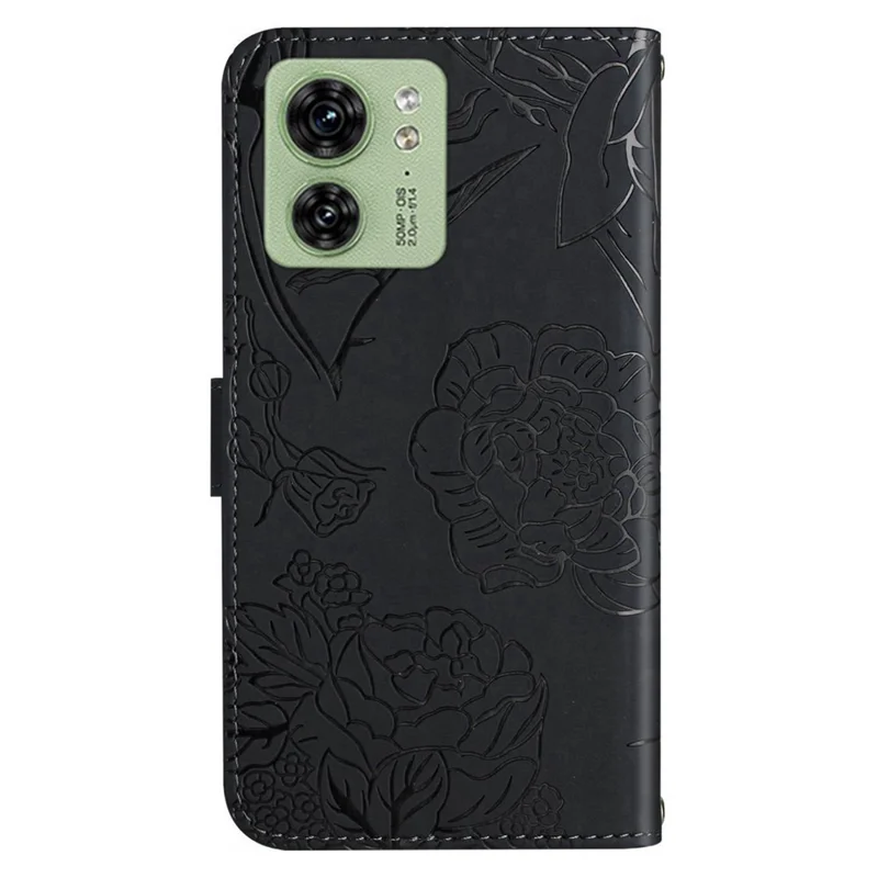 HT03 For Motorola Edge 40 5G Wallet Stand Leather Phone Case Imprint Flower Cover with Wrist Strap - Black