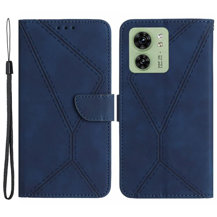 HT05 Funda para teléfono Motorola Edge 40 5G, con diseño de líneas grabadas, soporte y cartera de piel sintética - Azul