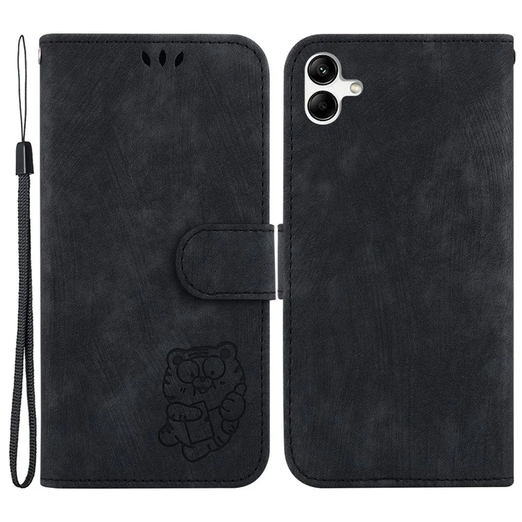 Für Samsung Galaxy A04e 4G / F04 4G / M04 4G Leder Geldbörse Standfuß Cover Cartoon Tiger Prägung Handyhülle - Schwarz
