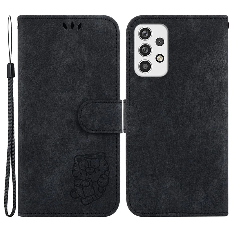 For Samsung Galaxy A23 5G (Global Version) / A23 4G Cartoon Tiger Imprint Phone Cover Leather Wallet Stand Shell - Black
