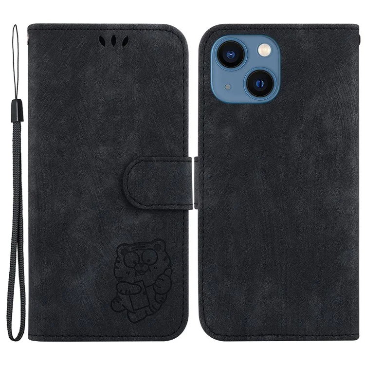 Cute Tiger Imprint Phone Case for iPhone 14 Leather Wallet Stand Anti-drop Cover - Black
