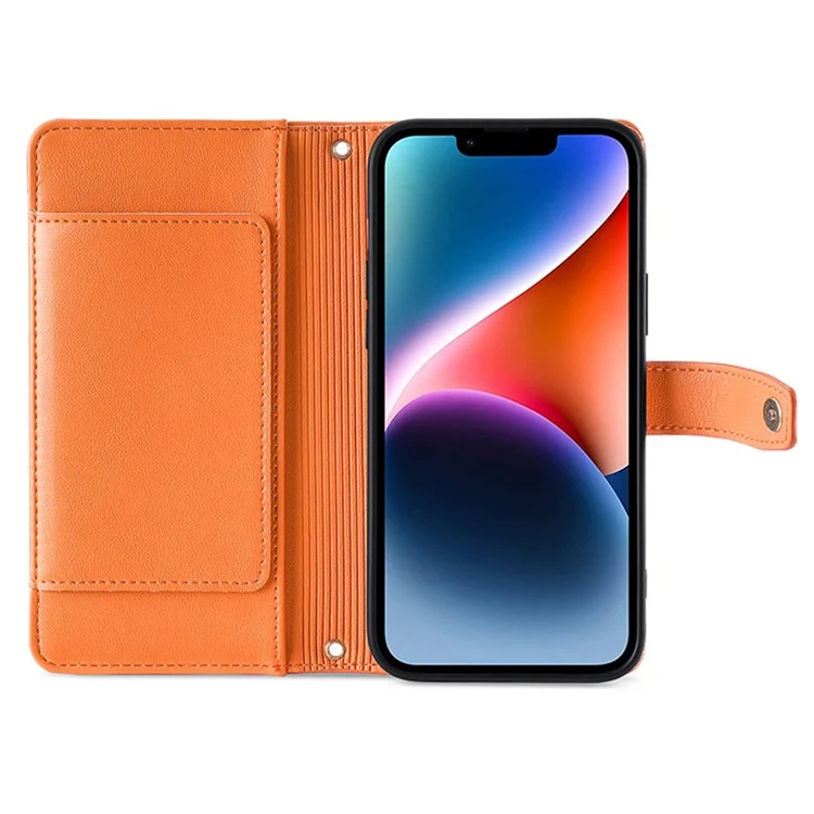 Phone Case Wallet for iPhone 15 , Zipper Pocket PU Leather Stand Card Slots Cover with Wrist Strap and Shoulder Strap - Orange