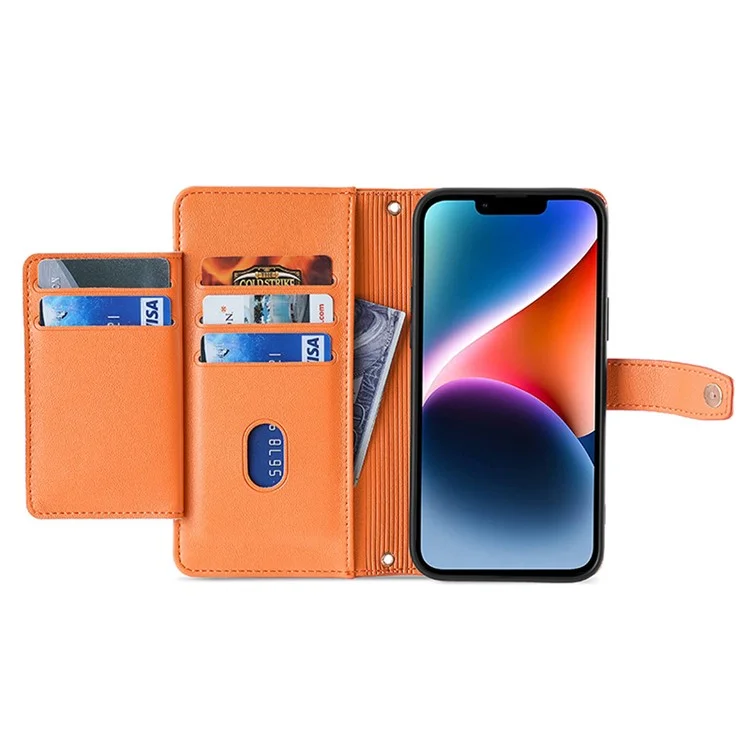 Phone Case Wallet for iPhone 15 , Zipper Pocket PU Leather Stand Card Slots Cover with Wrist Strap and Shoulder Strap - Orange