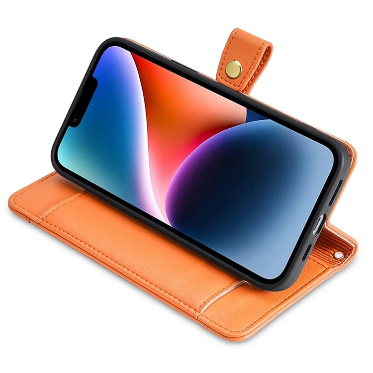 Phone Case Wallet for iPhone 15 , Zipper Pocket PU Leather Stand Card Slots Cover with Wrist Strap and Shoulder Strap - Orange