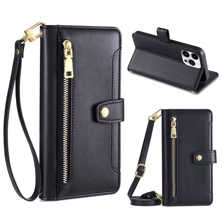 Capa de Carteira de Couro para iPhone 15 Pro Max, Zíper Slots de Cartão de Crédito Suporte para Telefone com Alça de Punho e Alça de Ombro - Preto