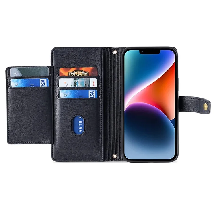 Capa de Carteira de Couro para iPhone 15 Pro Max, Zíper Slots de Cartão de Crédito Suporte para Telefone com Alça de Punho e Alça de Ombro - Preto