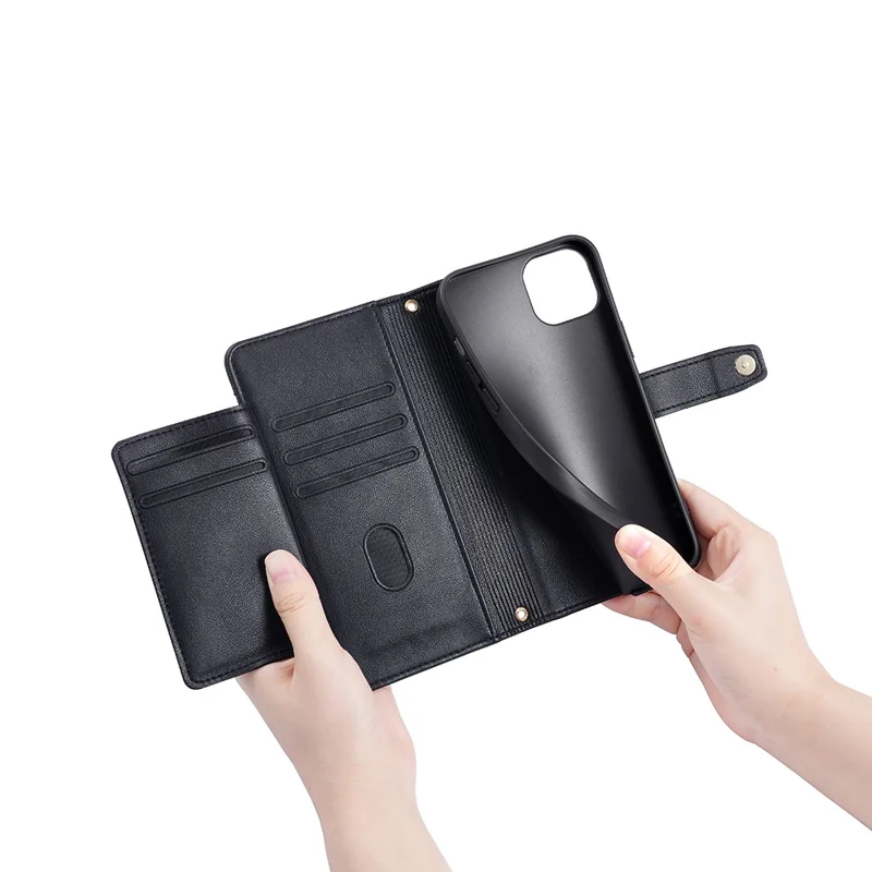 Capa de Carteira de Couro para iPhone 15 Pro Max, Zíper Slots de Cartão de Crédito Suporte para Telefone com Alça de Punho e Alça de Ombro - Preto