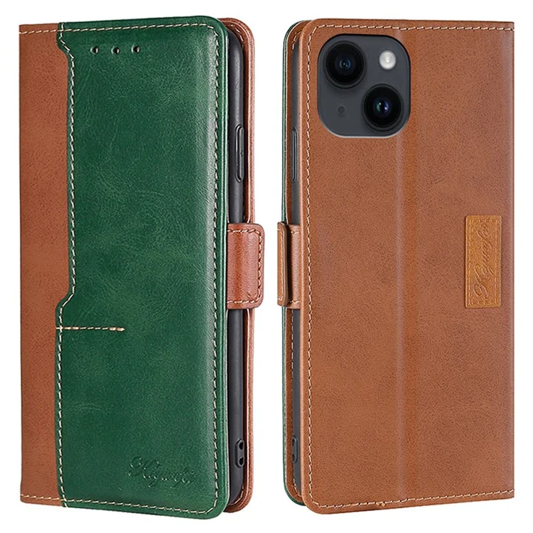 Wallet Case for iPhone 15 , Vintage Leather Contrast Color Stand Phone Cover - Light Brown+Green