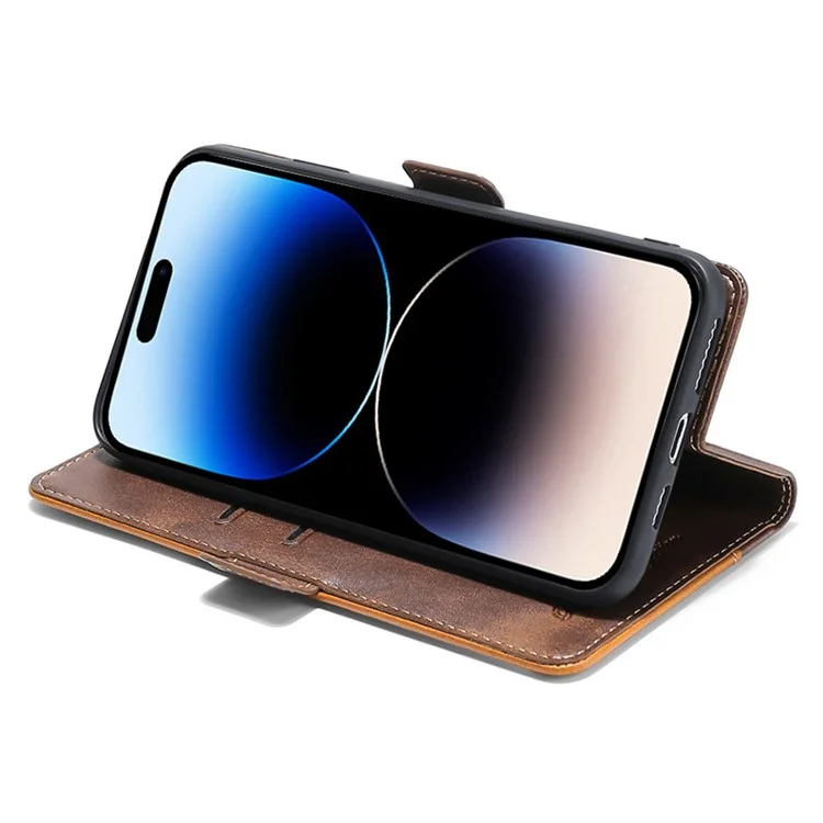 Wallet Case for iPhone 15 , Vintage Leather Contrast Color Stand Phone Cover - Light Brown+Green