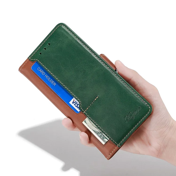 Wallet Case for iPhone 15 , Vintage Leather Contrast Color Stand Phone Cover - Light Brown+Green