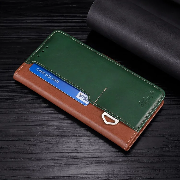 Wallet Case for iPhone 15 , Vintage Leather Contrast Color Stand Phone Cover - Light Brown+Green
