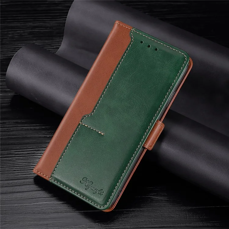 Wallet Case for iPhone 15 , Vintage Leather Contrast Color Stand Phone Cover - Light Brown+Green