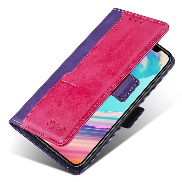 For iPhone 15 Plus Wallet Phone Case Retro Leather Contrast Color Stand Magnetic Folio Cover - Rose+Purple