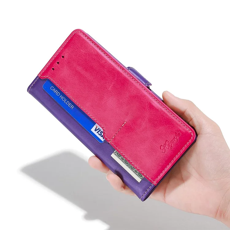 For iPhone 15 Plus Wallet Phone Case Retro Leather Contrast Color Stand Magnetic Folio Cover - Rose+Purple