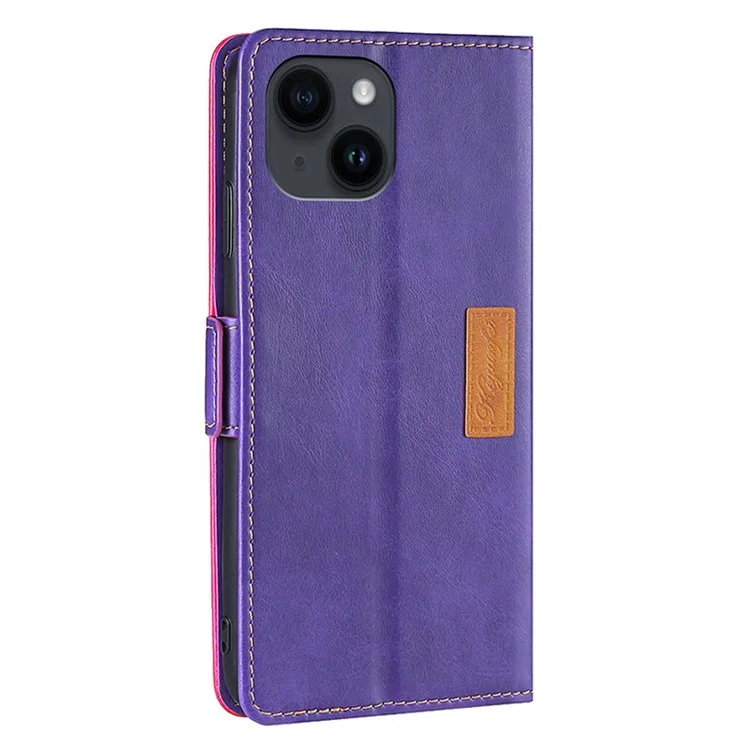 For iPhone 15 Plus Wallet Phone Case Retro Leather Contrast Color Stand Magnetic Folio Cover - Rose+Purple