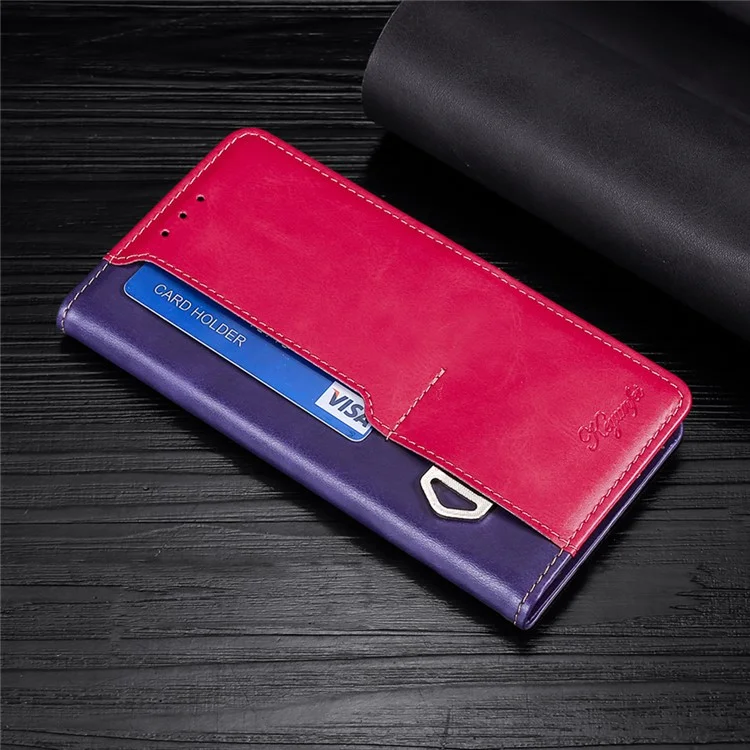 For iPhone 15 Plus Wallet Phone Case Retro Leather Contrast Color Stand Magnetic Folio Cover - Rose+Purple