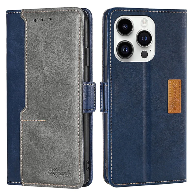 For iPhone 15 Pro Dual-color Flip PU Leather Case Stand Wallet Protective Phone Cover - Blue+Grey