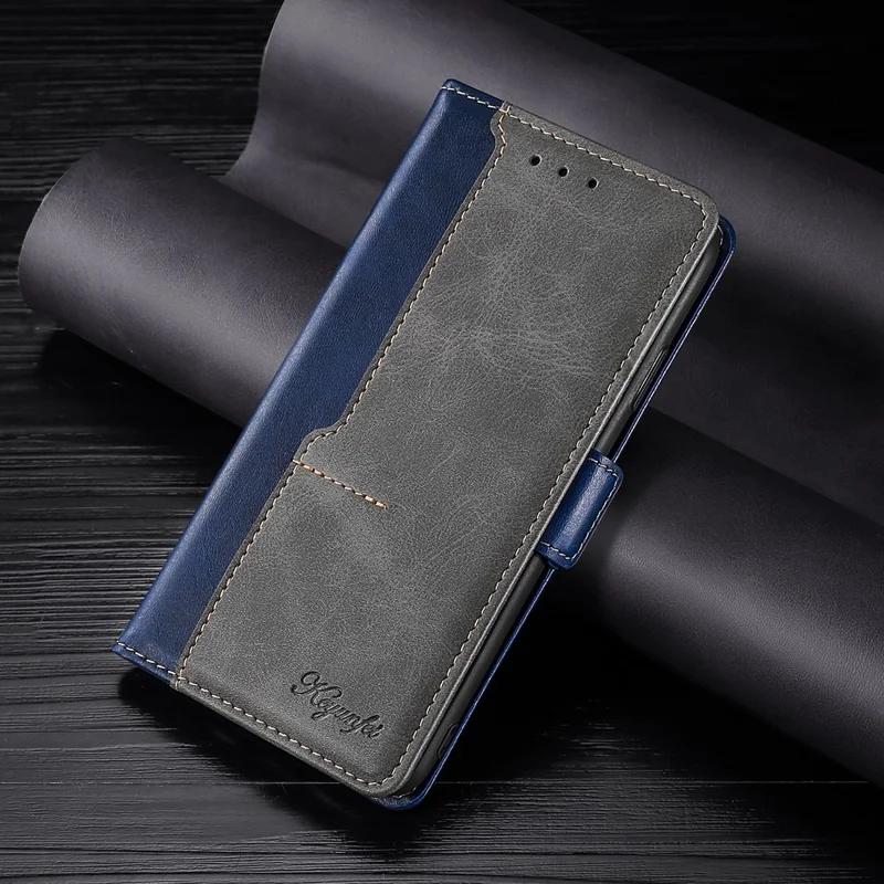 For iPhone 15 Pro Dual-color Flip PU Leather Case Stand Wallet Protective Phone Cover - Blue+Grey