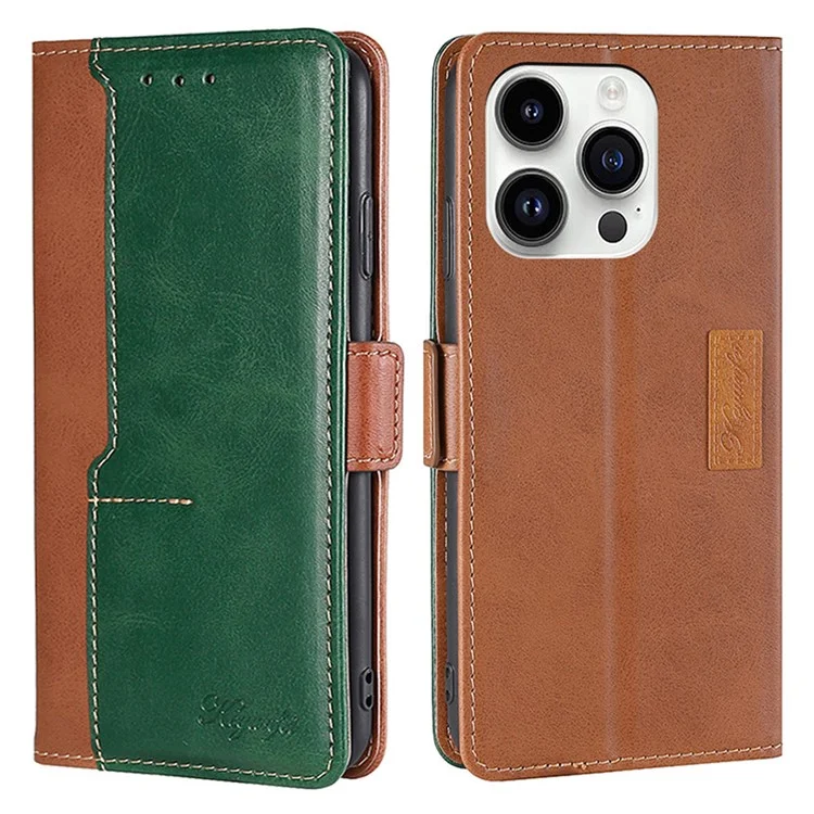 For iPhone 15 Pro Dual-color Flip PU Leather Case Stand Wallet Protective Phone Cover - Light Brown+Green