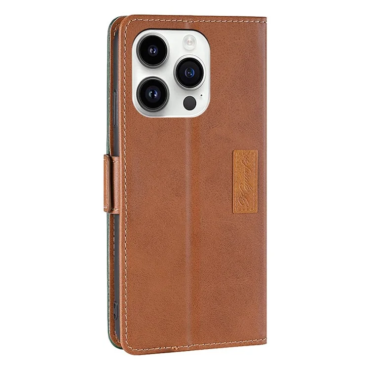 For iPhone 15 Pro Dual-color Flip PU Leather Case Stand Wallet Protective Phone Cover - Light Brown+Green