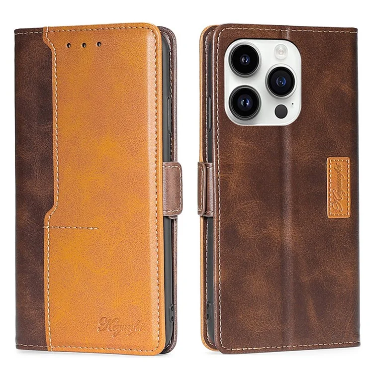 For iPhone 15 Pro Max Dual-color PU Leather Phone Case Stand Magnetic Closure Wallet Cover - Dark Brown+Gold